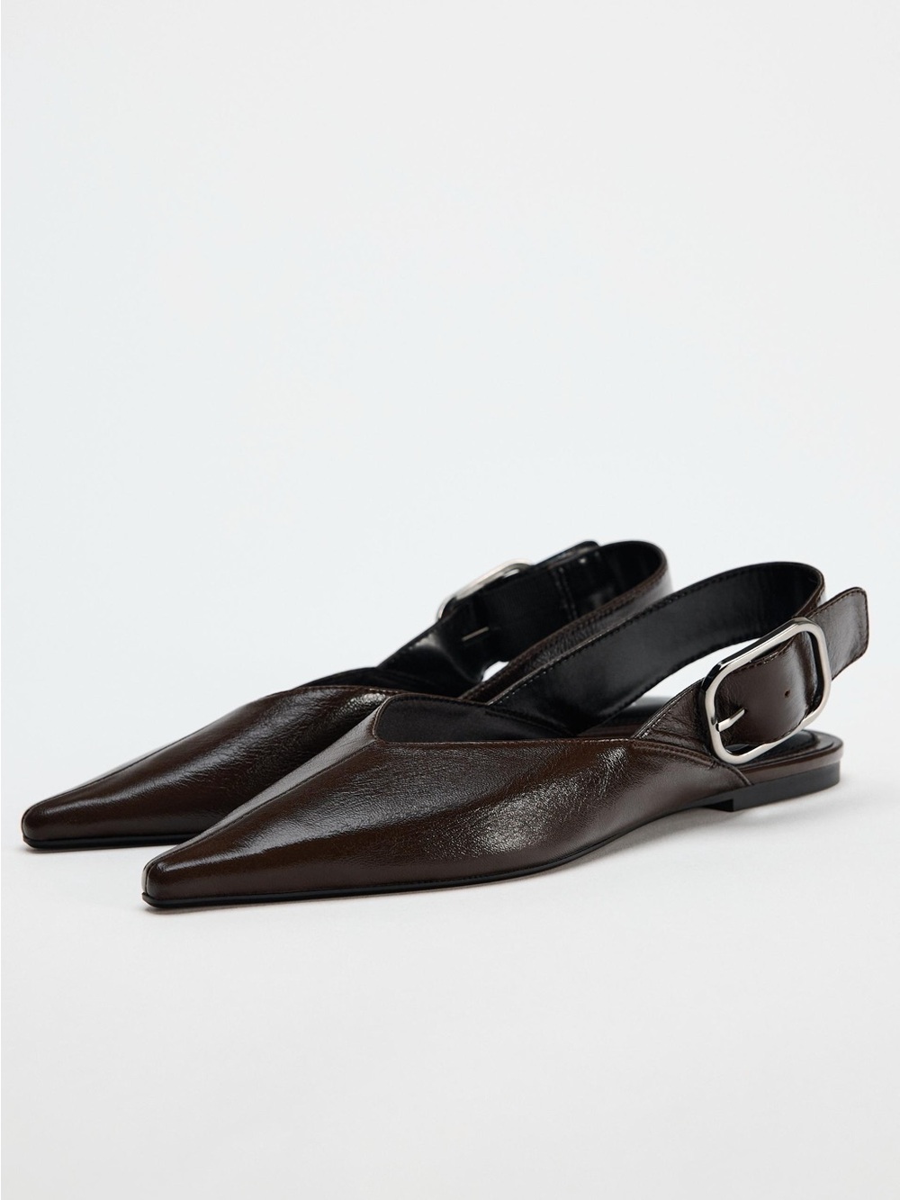 Zara Leather Pointed Toe Buckle Slingback Flats Brown EU 38
